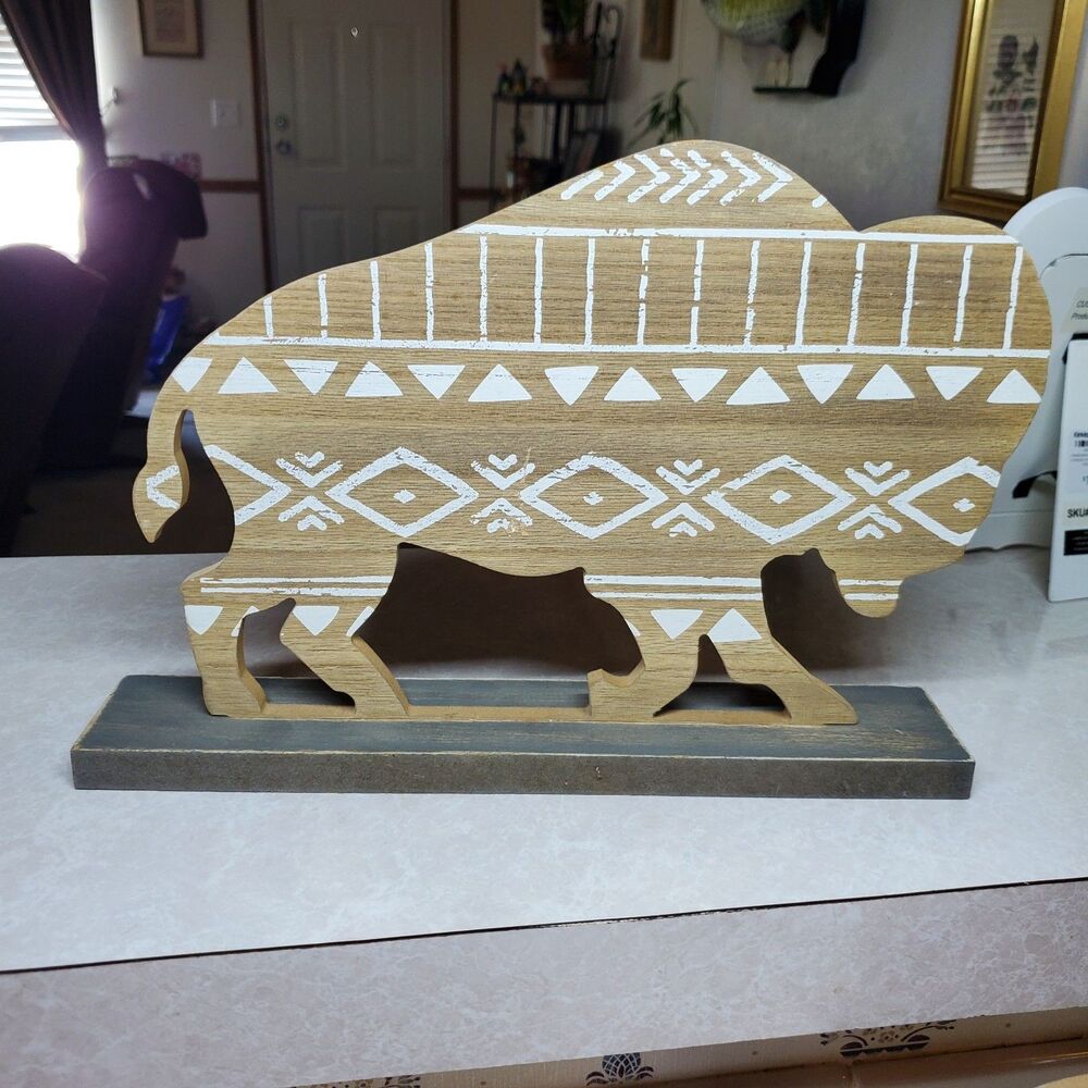 Southwestern-style Wooden Bison Tabletop Decoration Set Of Two